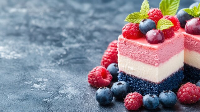 Berry Delight Cake: An eye-pleasing piece of berry cheesecake topped with fresh blueberries, raspberries, and mint leaves, capturing a festive and flavorful moment. 