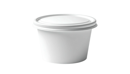A small, white, cylindrical food container, featuring a tightly sealed lid, against a black backdrop