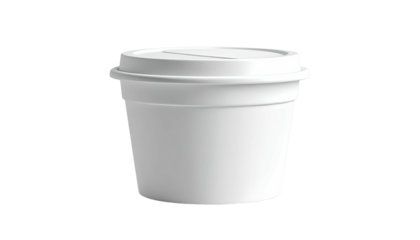 A white disposable container with a lid, isolated on a black background. Simple, minimalist design