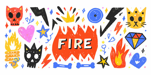 Vibrant and playful hand drawn doodle elements featuring fire skulls hearts lightning bolts and crowns