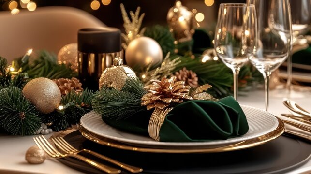 Festive Table Setting: A beautifully adorned dining table, showcasing elegant place settings with gleaming silverware, delicate glassware, and a festive centerpiece.
