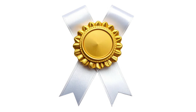 A white ribbon with a decorative gold emblem placed center, against a stark black background