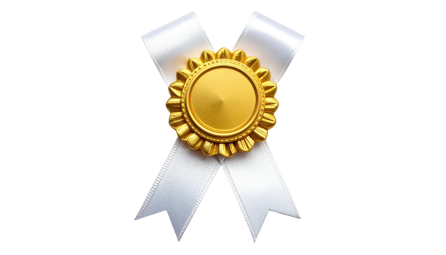 A white ribbon with a decorative gold emblem placed center, against a stark black background