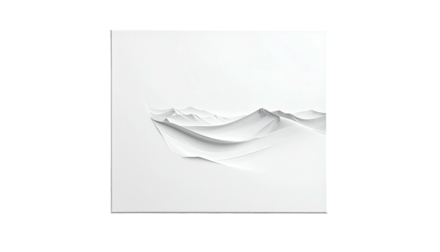White abstract landscape, curved forms, resembling mountain ranges. Clean, modern aesthetic