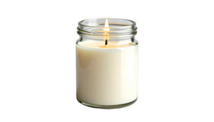A lit candle in a clear glass jar, set against a stark black background