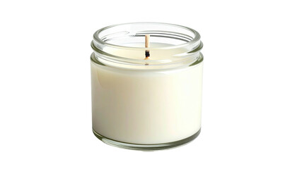 A small, cylindrical candle in a clear glass jar, with the wick centered and unlit