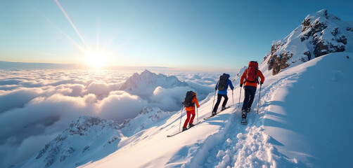 Group of people ski uphill in snow mountain landscape. Three alpinists with backpacks and trekking poles climb high slope. Winter sport adventure travel in cold season against blue sky.