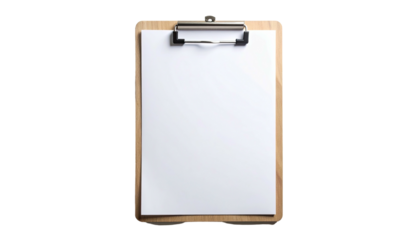 Wooden clipboard with blank white paper, isolated on a solid black background, top view