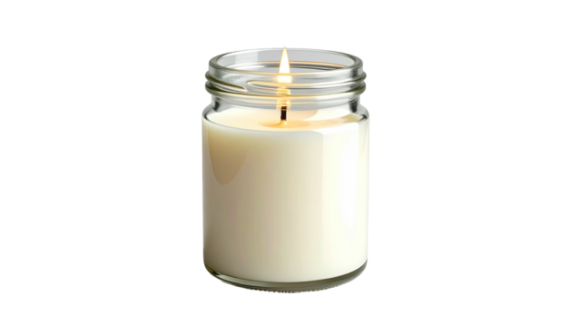 A lit candle in a clear glass jar, set against a stark black background