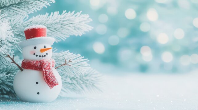 Snowman Serenity: A cheerful snowman, adorned with a festive hat and scarf, stands amidst a tranquil winter wonderland, a symbol of seasonal cheer and gentle beauty. 
