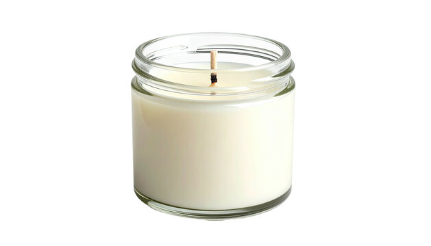 A small, cylindrical candle in a clear glass jar, with the wick centered and unlit - Powered by Adobe