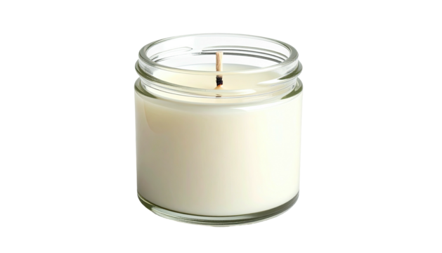 A small, cylindrical candle in a clear glass jar, with the wick centered and unlit