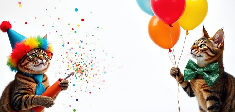 Two cats celebrate with party hats, balloons, and confetti. One cat pops a party popper while the other holds colorful balloons, looking festive and fun.