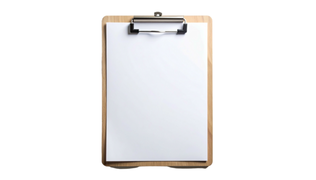 Wooden clipboard with blank white paper, isolated on a solid black background, top view