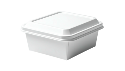 A square, white, disposable container with a lid, perfect for take-out food