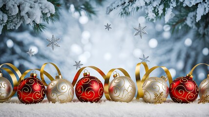 Beautiful christmas ornaments with red and gold baubles on snow background with fir branches and winter lights