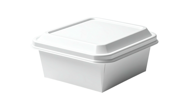 A square, white, disposable container with a lid, perfect for take-out food