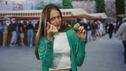 Fototapeta premium Young woman holding a lime with pinched fingers near her face at a street market stall among souvenir booths and shoppers; playful invitation.