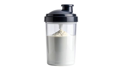 A clear, partially filled protein shaker, with a dark lid, set against a stark black background