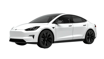 Sleek white electric sedan with black rims on a black background