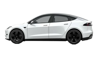 Modern white electric sedan on black background, showcasing sleek design