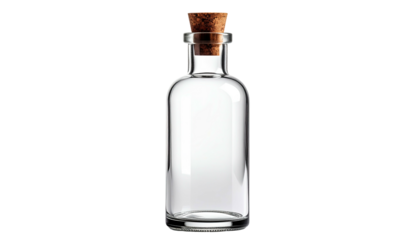 Transparent glass vial with cork stopper, set against a stark, black backdrop