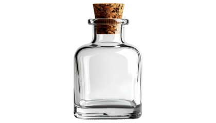 Clear glass bottle with cork stopper, set against a stark black background