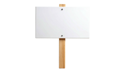 A blank white rectangular sign held by a wooden post against a stark black background