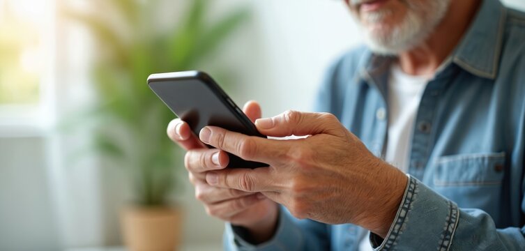 Elderly man uses smartphone indoors, his hands typing message or browsing web. Mature guy connects with family via digital device at home, enjoys mobile tech.