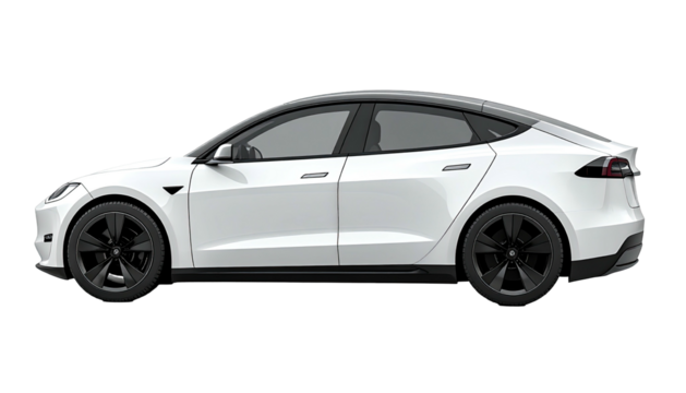 Modern white electric sedan on black background, showcasing sleek design