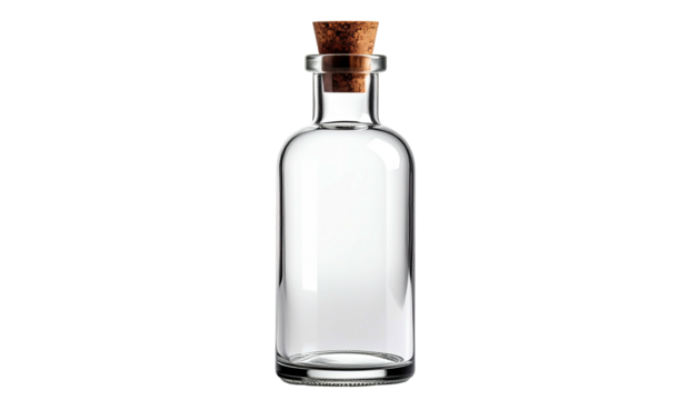 Transparent glass vial with cork stopper, set against a stark, black backdrop