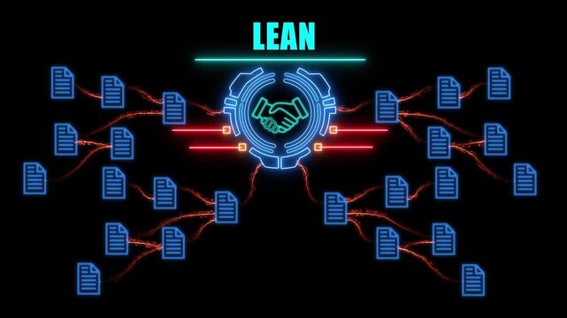 Business lean  strategy flowchart icons glowing neon blue on black background concept