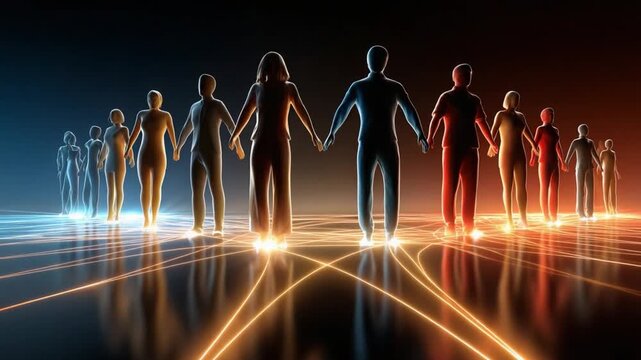 Connected Unity: A silhouetted group, hands clasped, stands in solidarity on a network of glowing pathways, illustrating interconnectedness and the strength of unity. 