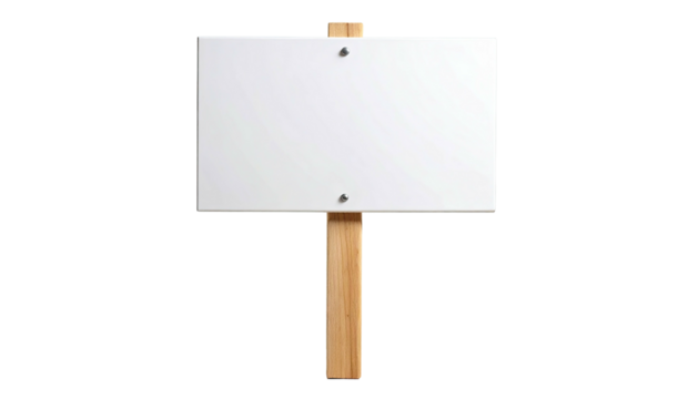 A blank white rectangular sign held by a wooden post against a stark black background