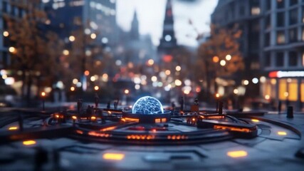 Futuristic urban technology hub with glowing sphere and city lights - Powered by Adobe