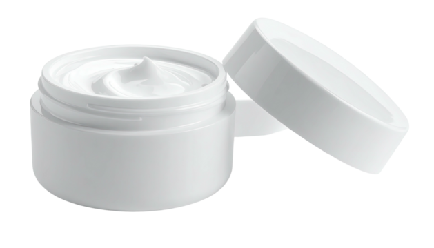 Open white jar filled with smooth cream, lid slightly ajar on black backdrop