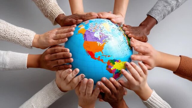 Unity on Earth: A circle of hands, each with a unique skin tone, cradles a vibrant globe, symbolizing global unity and interconnectedness.