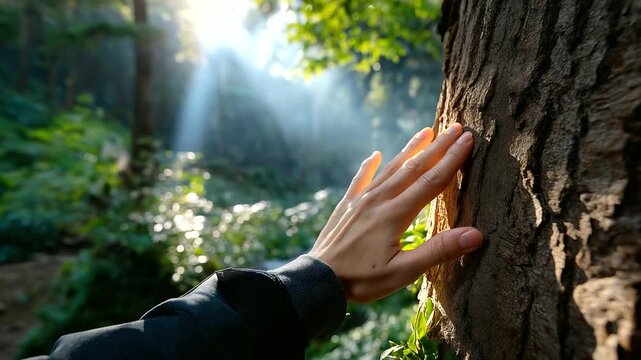 Faceless person gently touching a tree trunk with sunlight illuminating their hand, symbolizing connection, care, and ecological consciousness, with copy space