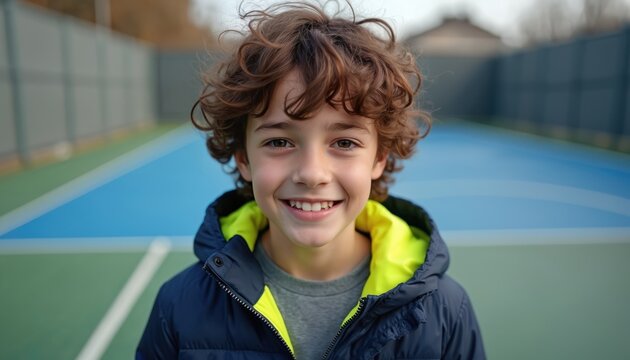 Smiling boy with curly hair standing outside. Kid poses in warm jacket. Happy preteen with brown eyes looks at camera. Person has good mood. Child on sport playground in autumn.