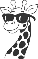 A fun and quirky line art illustration of a giraffe wearing sunglasses, isolated on a white background