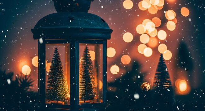Cozy winter lantern with miniature christmas trees and festive bokeh lights