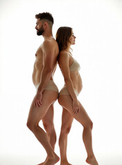 Man and pregnant woman pose back to back in beige underwear on white background. Couple shows body positivity and expectant motherhood. Healthy lifestyle and body care theme.