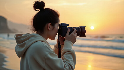 Woman on beach takes photo with DSLR camera at sunset. Ocean waves and golden light. Hobby, travel, landscape photography. Person captures nature scenic view.