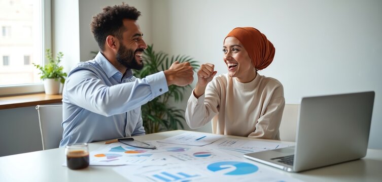 Man and woman give fist bump celebrating success at office desk with laptop and charts. Team members feel happy, showing partnership and good results. They work together effectively. - Powered by Adobe
