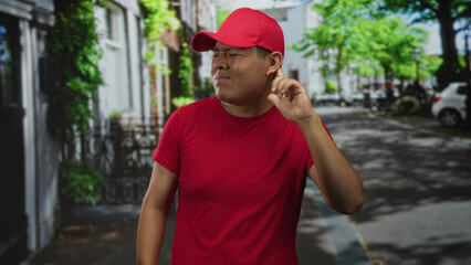 Obraz premium Young man in red delivery uniform touching his ear and squinting on a city street with parked cars and storefronts; frustration.