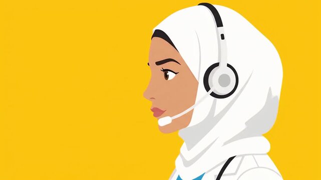 Customer Service Representative with Headset on Yellow Background.
