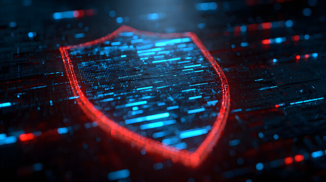 Digital shield representing cybersecurity protection, with blue and red lights symbolizing data security, encryption, and firewall defense.