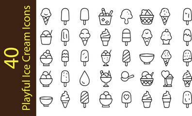 40 Playful Ice Cream Line Icons Set