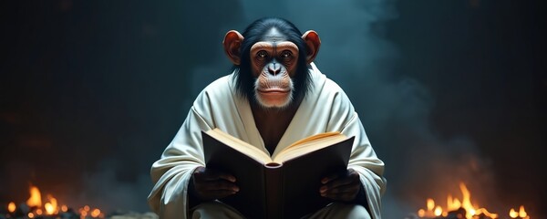 Chimpanzee in white robe reads open book. Fires burn in foreground, smoke in background. Ape seems contemplative, serious, searching for answers in ancient text.