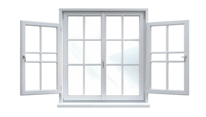 A white, open double-hung window with multiple panes and two outward-swinging sashes